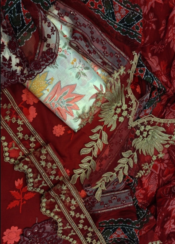 3 pcs print article along with paches ready to wear 4 sided corner Embroidered duppta