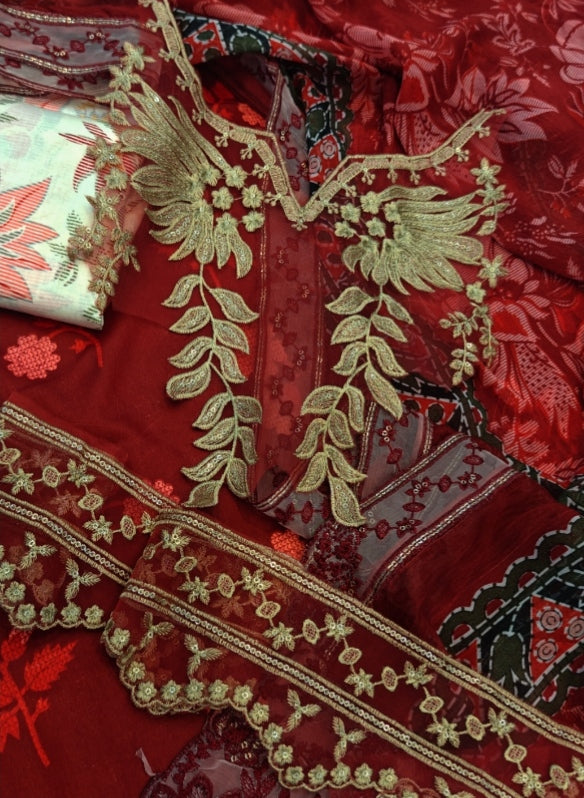 3 pcs print article along with paches ready to wear 4 sided corner Embroidered duppta