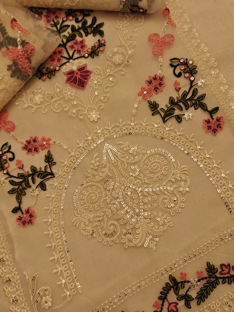 Brand: * Bareeze* Fabric: * Lawn * Status: Emb Code: 1684  Front Full Heavy EMB with center organza panel  Sleeves light weight EMB Back light weight EMB Trouser Plain