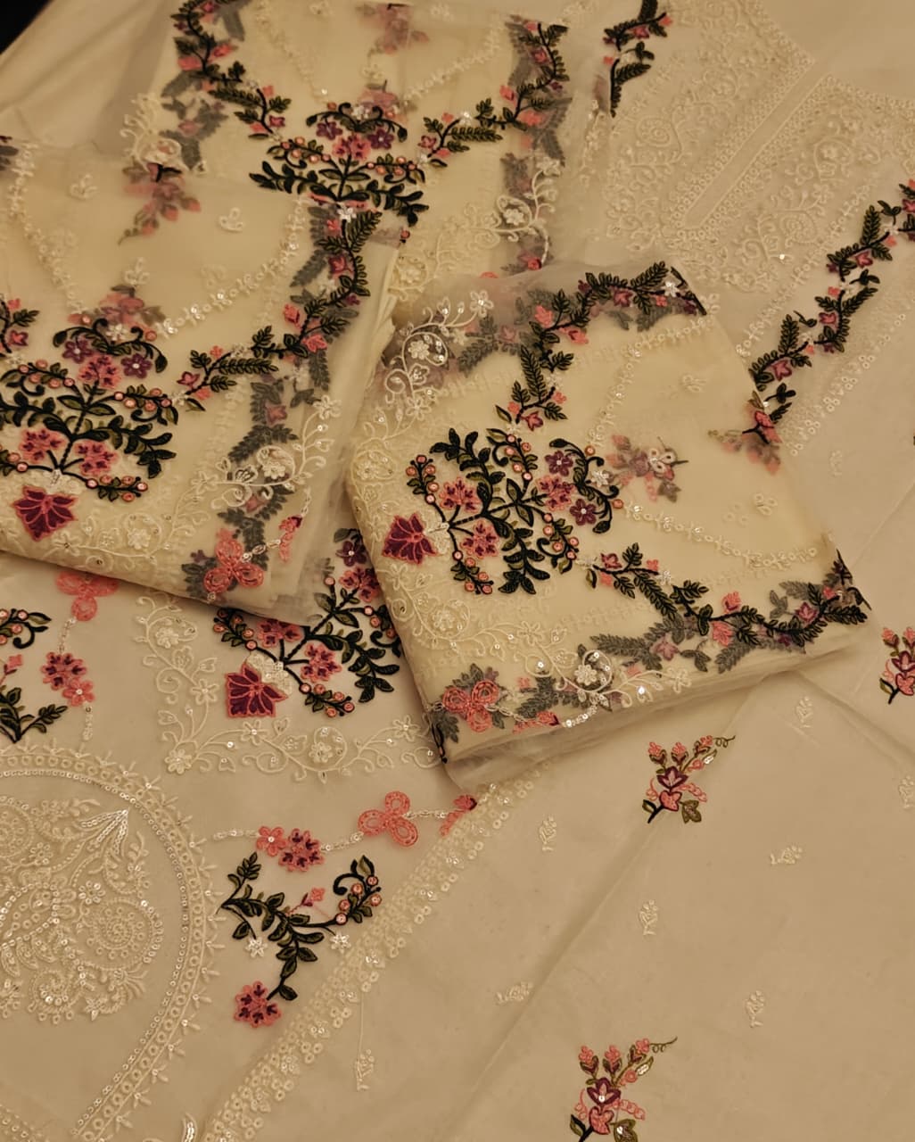 Brand: * Bareeze* Fabric: * Lawn * Status: Emb Code: 1684  Front Full Heavy EMB with center organza panel  Sleeves light weight EMB Back light weight EMB Trouser Plain